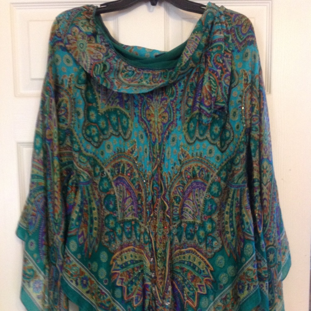 Boston Proper Green Paisley Blouse Silk Cape Bow